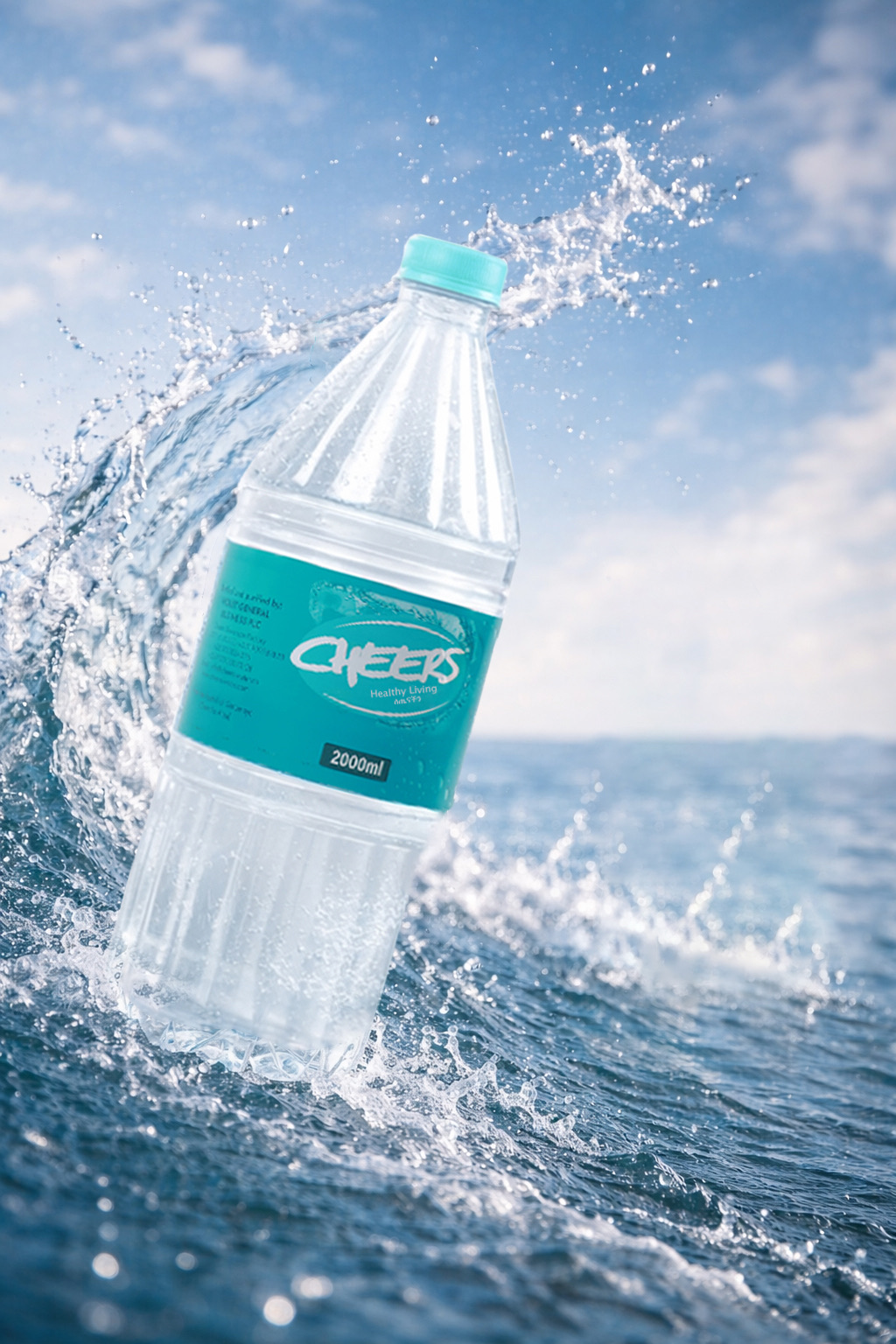 Cheers 2 litre Turquoise Label bottle with an ocean splash