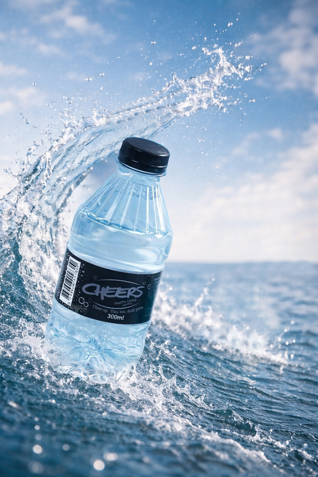 Cheers 300ml Black Label bottle with an ocean splash