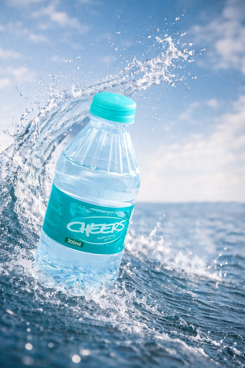 Cheers 300ml Turquoise Label bottle with an ocean splash