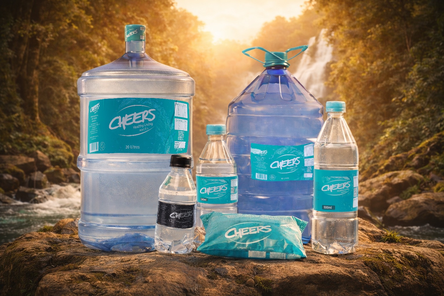 The complete Cheers product range at golden hour in a forest setting